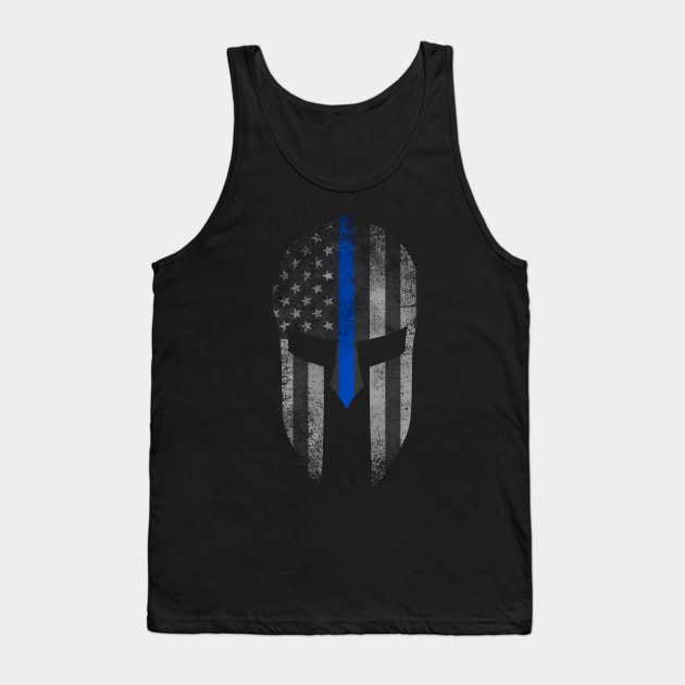 Blue Line American Flag Spartan Helm Tank Top by Runesilver